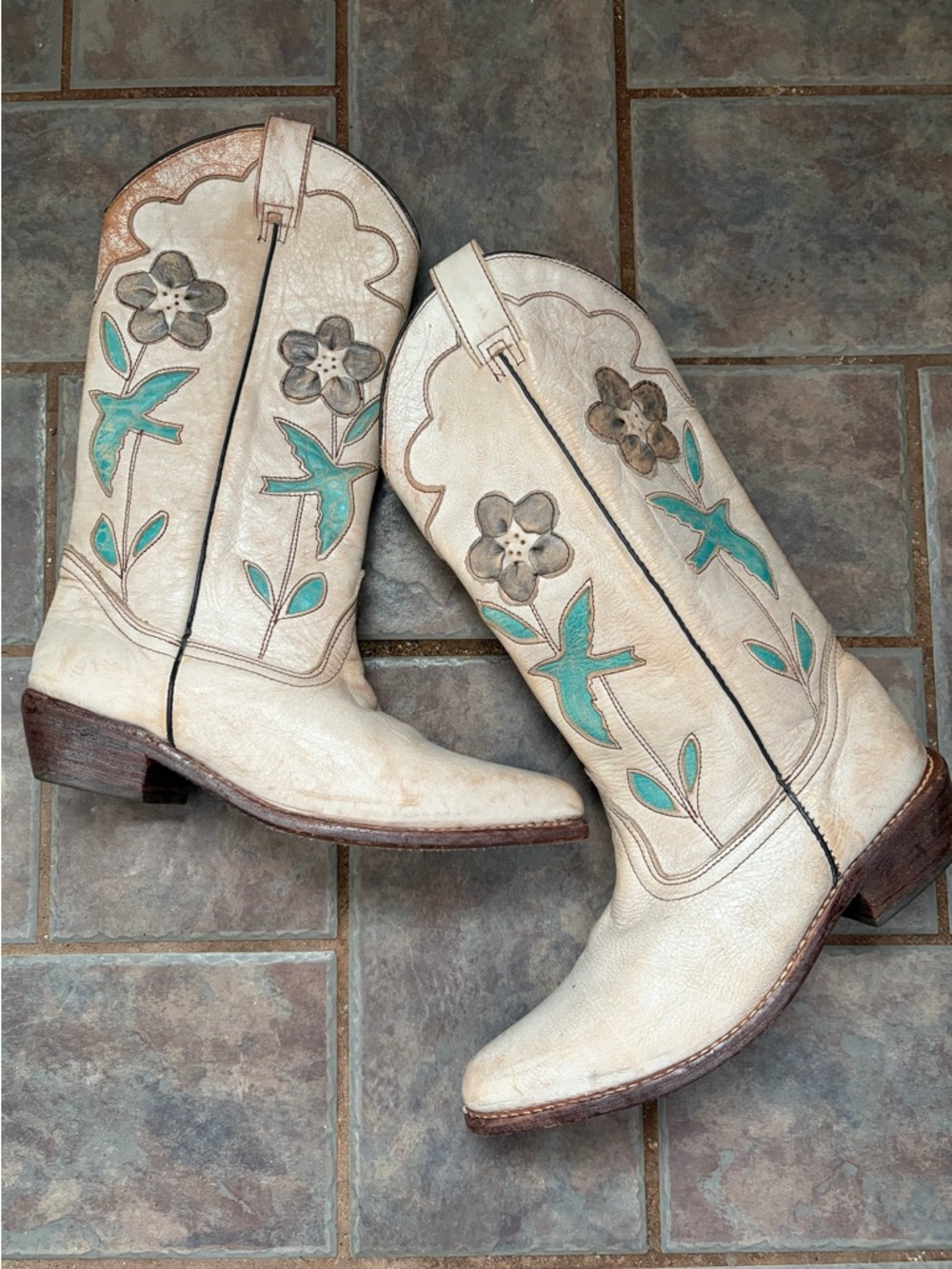 Rare BED|STU boots VALENCIA Cowboy Floral Bird White Green Red Blue Size 8.5